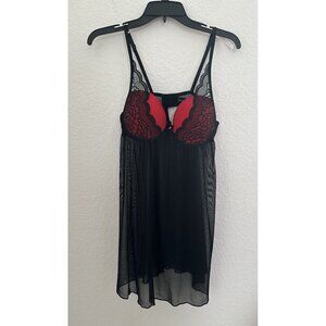 Women’s Daisy Fuentes Nighty Lace Push Up Baby Doll Cami Size M Sheer Black/Red